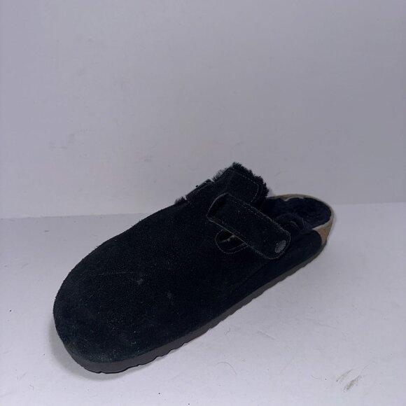 Birkenstock Boston Genuine Shearling Lined Black Suede Slides Men Sz 10 Slip Ons - Picture 1 of 7